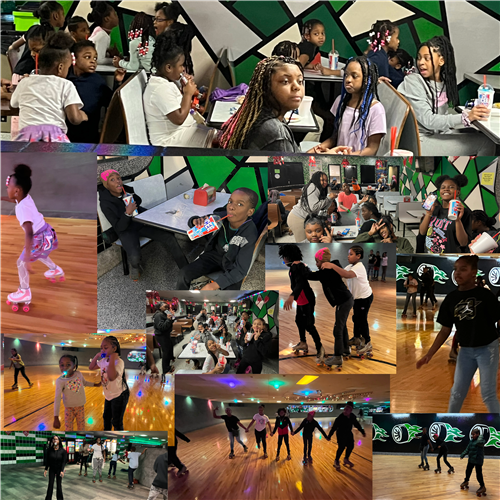 Various images of students skating, eating slushies, relaxing